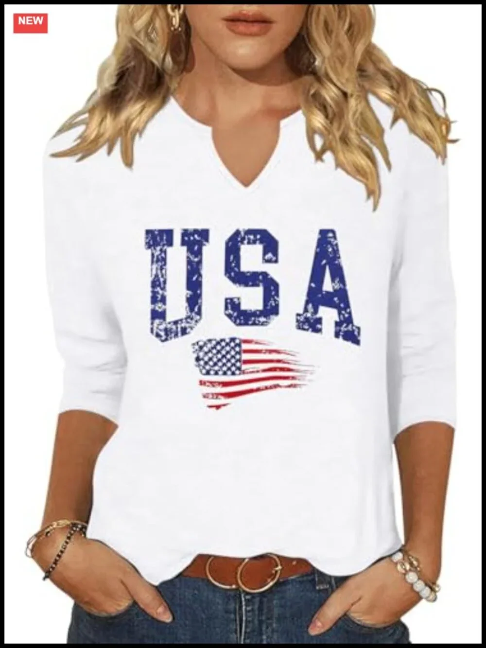 3/4 Sleeve V-Neck T-Shirt American Flag Star 4th of July Independence Day Tee